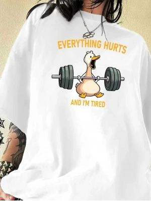 Ördek Baskılı ve Yuvarlak Yakalı Kadın Günlük Büyük Boy Siyah Tişört. - Beyaz