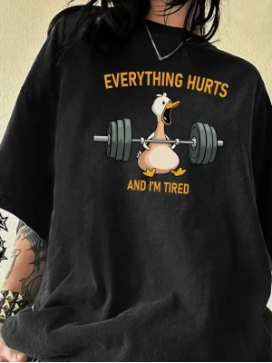 Ördek Baskılı ve Yuvarlak Yakalı Kadın Günlük Büyük Boy Siyah Tişört. - Siyah