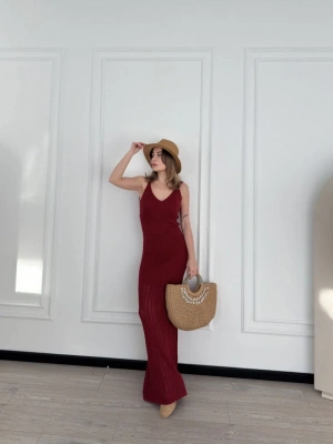 Örgülü Uzun Triko Elbise - Bordo