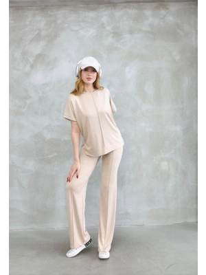 Osy Modal Yumuşak dokulu Kumaş Bisiklet Yaka Kısa Kollu Takım - Bej