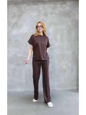 Osy Modal Yumuşak dokulu Kumaş Bisiklet Yaka Kısa Kollu Takım - Kahverengi