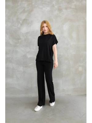 Osy Modal Yumuşak dokulu Kumaş Bisiklet Yaka Kısa Kollu Takım - Siyah