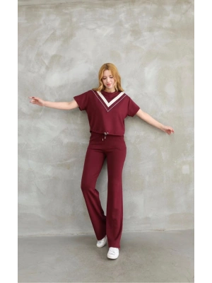 Osy Modal Yumuşak dokulu Kumaş Bisiklet Yaka Parçalı detaylı Kısa Kollu Takım - Bordo