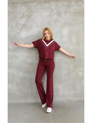 Osy Modal Yumuşak dokulu Kumaş Bisiklet Yaka Parçalı detaylı Kısa Kollu Takım - Bordo