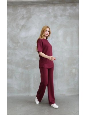 Osy Modal Yumuşak dokulu Kumaş Bisiklet Yaka Taş detaylı Kısa Kollu Takım - Bordo