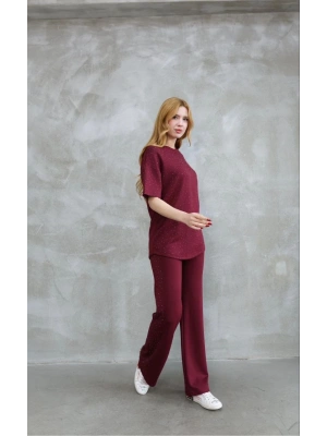 Osy Modal Yumuşak dokulu Kumaş Bisiklet Yaka Taş detaylı Kısa Kollu Takım - Bordo