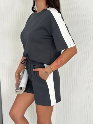 Osy Modal yumuşak dokulu Kumaş Kadın Parçalı Bisiklet Yaka T-shirt Kısa Şort İkili Takım - Antrasit