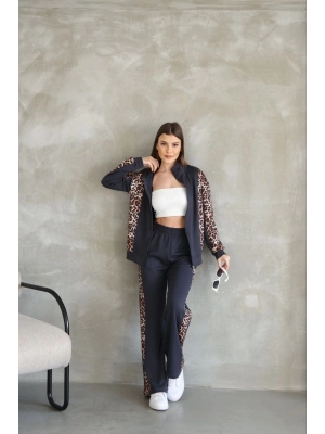 Osy Modal Yumuşak Dokulu Kumaş Kapüşonlu Leopar Desenli Fermuarlı Takım - Antrasit