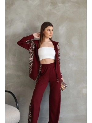 Osy Modal Yumuşak Dokulu Kumaş Kapüşonlu Leopar Desenli Fermuarlı Takım - Bordo