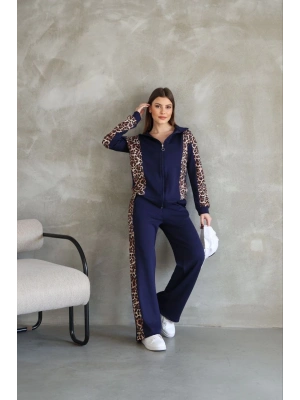 Osy Modal Yumuşak Dokulu Kumaş Kapüşonlu Leopar Desenli Fermuarlı Takım - Lacivert