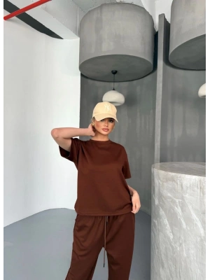 Osy Modal Yumuşak Dokulu Kumaş Kısa Kollu Bluz Rahat Pantalon ikili Takım- Kahverengi
