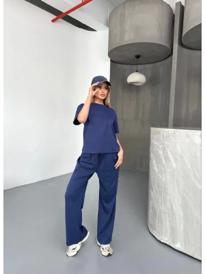 Osy Modal Yumuşak Dokulu Kumaş Kısa Kollu Bluz Rahat Pantalon ikili Takım- Lacivert