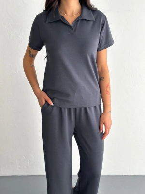Osy Modal Yumuşak Dokulu Kumaş Kısa Kollu Yakalı T-shirt Pantalon ikili Takım- Antrasit