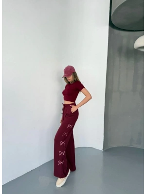 Osy Modal Yumuşak Dokulu Kumaş Nakış işlemeli Rahat Bol Paça Eşofman Pantalon - Bordo