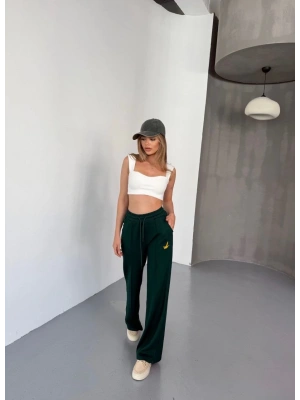 Osy Modal Yumuşak Dokulu Kumaş Nakış işlemeli Rahat Bol Paça Eşofman Pantalon - Yeşil