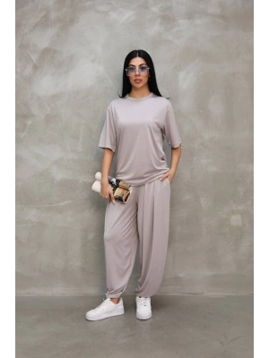 Osy Modal Yumuşak Dokulu Kumaş Oversize Bisiklet Yaka T-shirt Jogger Eşofman Altı Eşofman Takımı - Gri