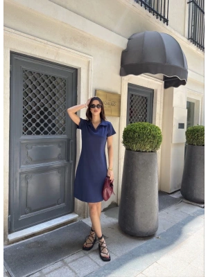 Osy Modal Yumuşak Dokulu Kumaş Yakalı Kısa Kollu Elbise - Mavi