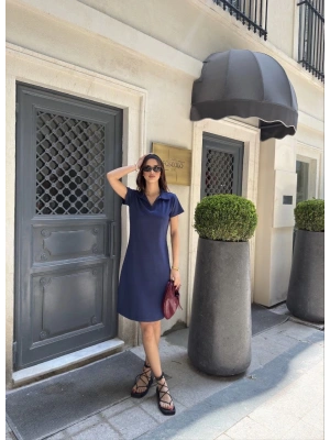 Osy Modal Yumuşak Dokulu Kumaş Yakalı Kısa Kollu Elbise - Mavi