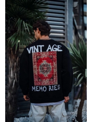 Oversize Bisiklet Yaka Üç İplik Baskılı SweatShirt - Siyah