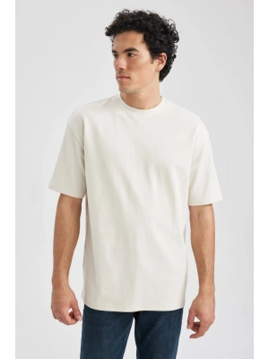 Oversize Fit Bisiklet Yaka Basic Kısa Kollu Pamuklu Ağır Kumaş Tişört Bej