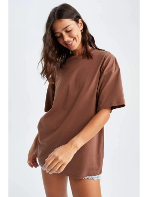 Oversize Fit Kısa Kollu Basic %100 Pamuk Tişört Kahverengi