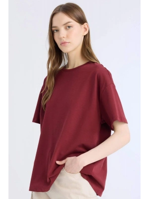 Oversize Geniş Kalıp Bisiklet Yaka Basic Düz Kalın Kısa Kollu Bordo Tişört Bordo
