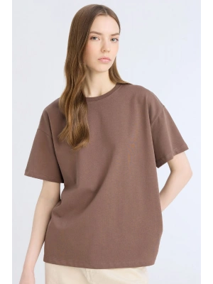 Oversize Geniş Kalıp Bisiklet Yaka Basic Düz Kalın Kumaş Kısa Kollu Kahve Tişört