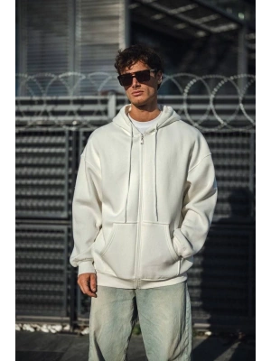 Oversize Tam Fermuarlı Uzun Kol Hırka - Beyaz