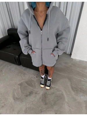 Oversize Tam Fermuarlı Uzun Kol Hırka - Gri