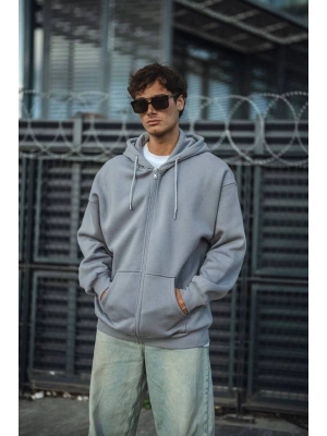 Oversize Tam Fermuarlı Uzun Kol Hırka - Gri