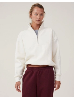 Oversize Yarım Farmuarlı Yakalı Basic SweatShirt - Beyaz