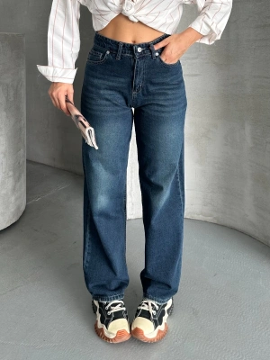 Palazzo bıyık enzim yıkama jeans pantolon koyu mavi d2008