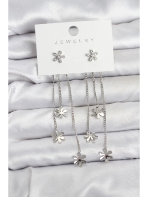 Papatya Model Gümüş Renk Pirinç Sallantılı Kadın Küpe