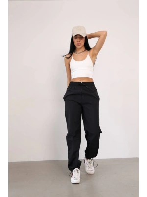 Paraşut Kumaş Paça Cepli Baggy Eşofman - Siyah