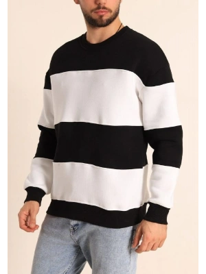 Parçalı Bisiklet Yaka Baskılı SweatShirt - Siyah