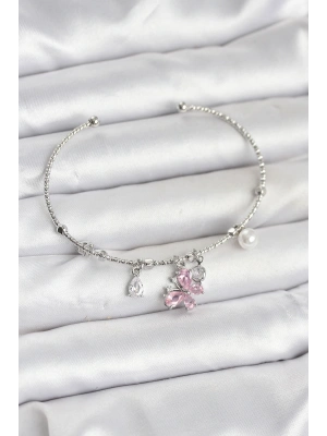 Pembe Kelebek Charmlı Gümüş Renk Kadın Bileklik