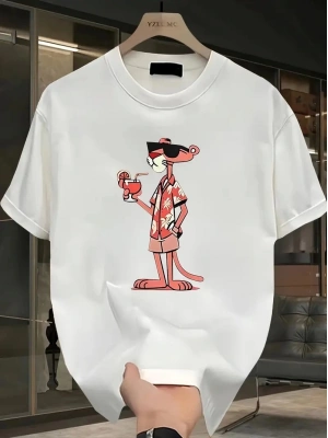 Pembe Panter Baskılı Erkek Oversize Günlük Kısa Kollu Tişört İlkbahar ve Yaz için Mükemmeldir - Beyaz