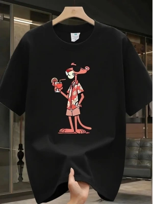 Pembe Panter Baskılı Erkek Oversize Günlük Kısa Kollu Tişört İlkbahar ve Yaz için Mükemmeldir - Siyah