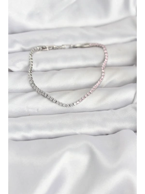 Pembe ve Beyaz Zirkon Taşlı Gümüş Renk Su Yolu Kadın Bileklik