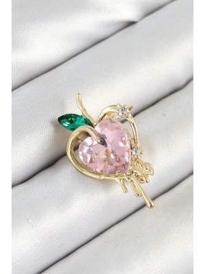 Pembe Ve Yeşil Zirkon Taşlı 3D Eriyen Kalp Figürlü Gold Renk Kadın Broş