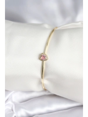 Pembe Zirkon Taşlı Kalp Model Gold Renk Kadın Bileklik