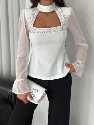 Penye Uzun Kollu Kadın Kolları Şifon Göğüste İnci Boncuk detaylı Bluz - Beyaz