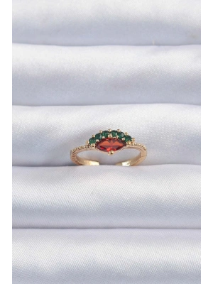 Pirinç Altın Renk Renkli Zirkon Taşlı Ayarlanabilir Karpuz Model Yüzük