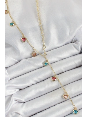 Pirinç Asorti Kalp Model Gold Renk Zirkon Taşlı Y Kolye