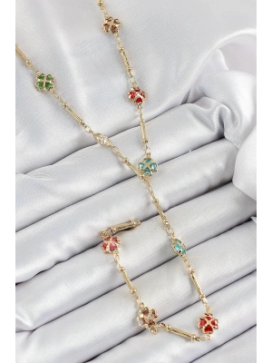 Pirinç Asorti Kalpli Yonca Model Gold Renk Zirkon Taşlı Y Kolye