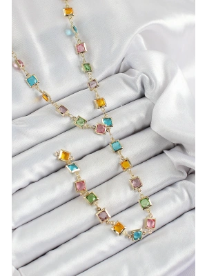 Pirinç Asorti Kare Model Gold Renk Zirkon Taşlı Y Kolye