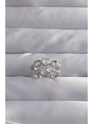 Pirinç Ayarlamalı Gümüş Renk Zirkon Taşlı 2li Görünüm Fiyonk Yüzük