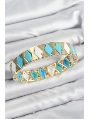 Pirinç Baklava Desenli Mavi Beyaz Gold Renk Lastikli Kadın Bileklik