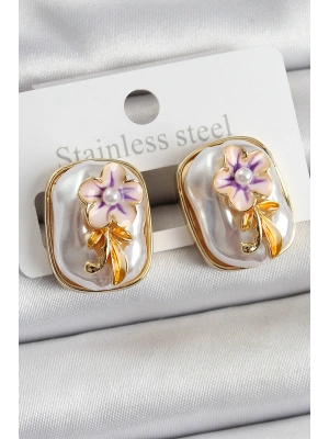 Pirinç Beyaz Mineli İnci Detaylı Çiçek Figürlü Sanatsal Portre Model Gold Renk Kadın Küpe