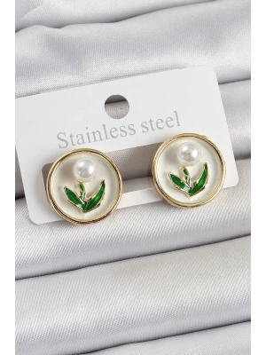 Pirinç Beyaz Mineli Lale Figürlü Sanatsal Portre Model Gold Renk Kadın Küpe